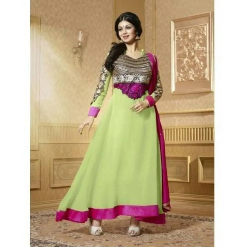 Georgette Green Zari Work Semi Stitched Long Anarkali Suit - 15004