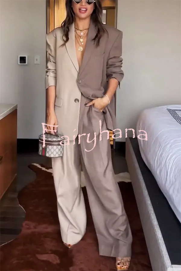 Girl Boss Avant-garde Contrast Colors Lapel Boyfriend Blazer and Pocketed Wide Leg Pants Set