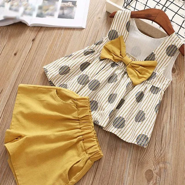 Girl Clothes Set Summer Children Bow Lace Sling T-shirt  Striped Short Pants Sets Kids Sleeveless Clothing