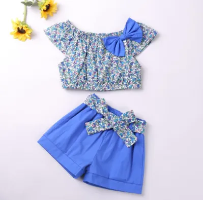 Girl Clothes Set Summer Children Bow Lace Sling T-shirt  Striped Short Pants Sets Kids Sleeveless Clothing