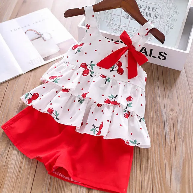 Girl Clothes Set Summer Children Bow Lace Sling T-shirt  Striped Short Pants Sets Kids Sleeveless Clothing