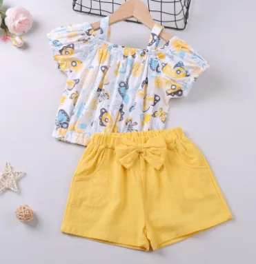 Girl Clothes Set Summer Children Bow Lace Sling T-shirt  Striped Short Pants Sets Kids Sleeveless Clothing