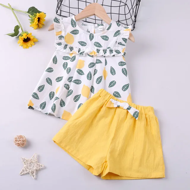 Girl Clothes Set Summer Children Bow Lace Sling T-shirt  Striped Short Pants Sets Kids Sleeveless Clothing