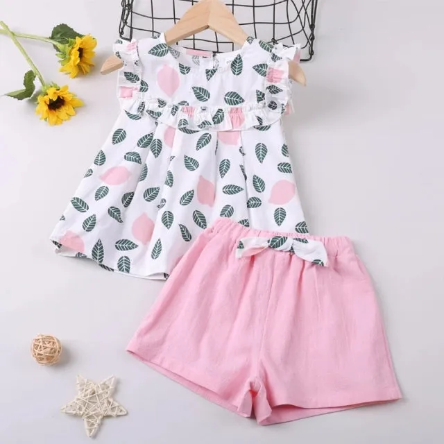 Girl Clothes Set Summer Children Bow Lace Sling T-shirt  Striped Short Pants Sets Kids Sleeveless Clothing