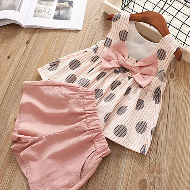 Girl Clothes Set Summer Children Bow Lace Sling T-shirt  Striped Short Pants Sets Kids Sleeveless Clothing