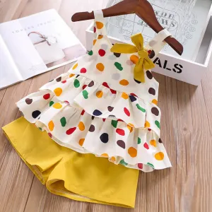Girl Clothes Set Summer Children Bow Lace Sling T-shirt  Striped Short Pants Sets Kids Sleeveless Clothing