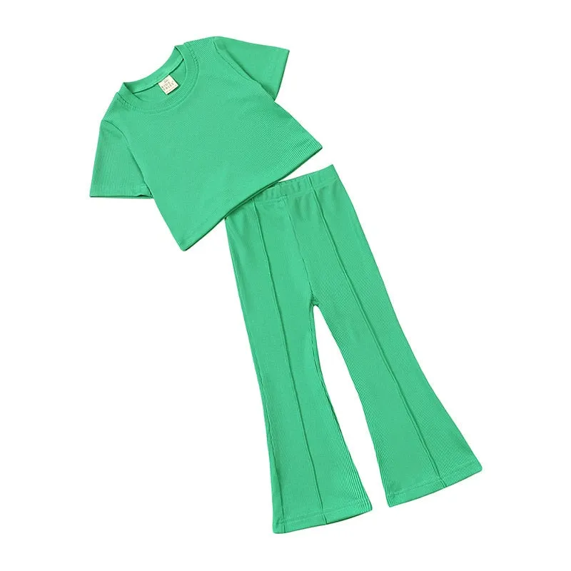 Girls' Summer 2pc Set Short Sleeve Tee   Flared Pants