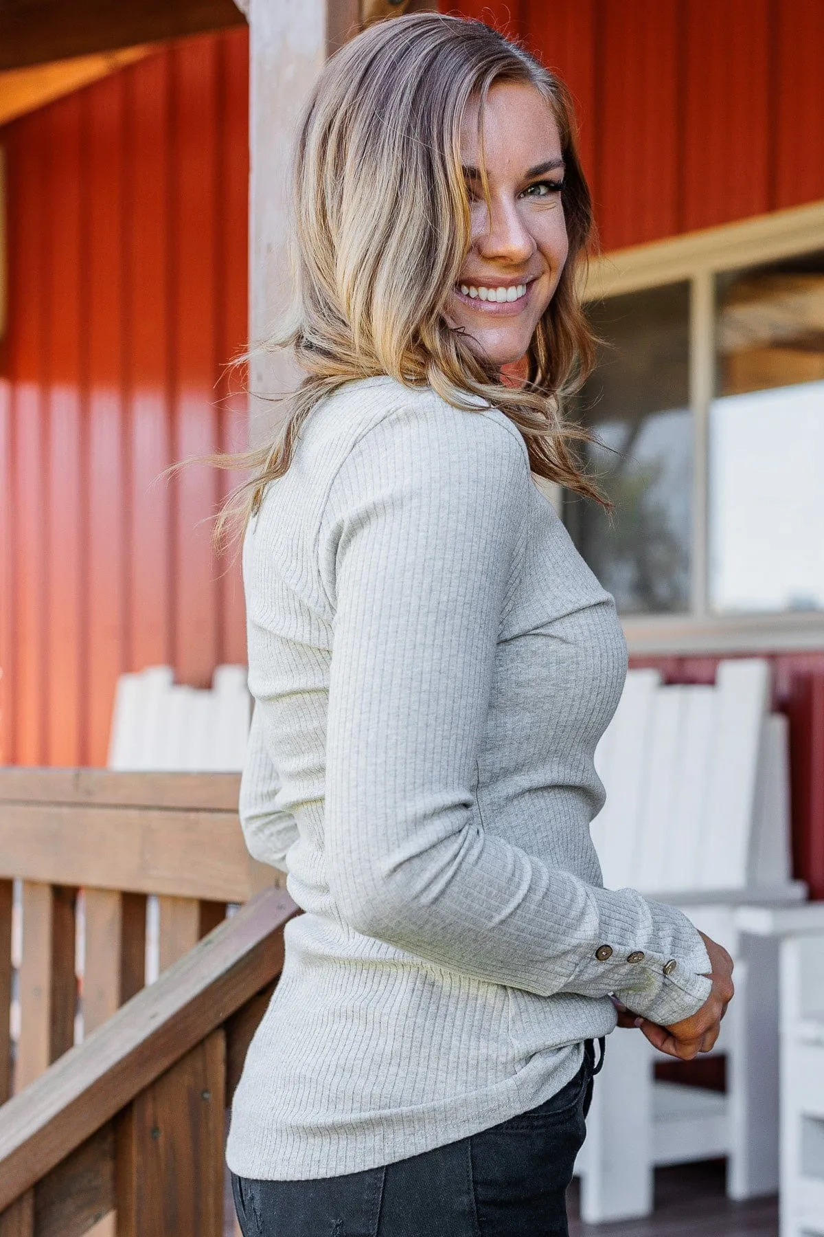 Give Your Best Long Sleeve Henley Top- Heather Grey