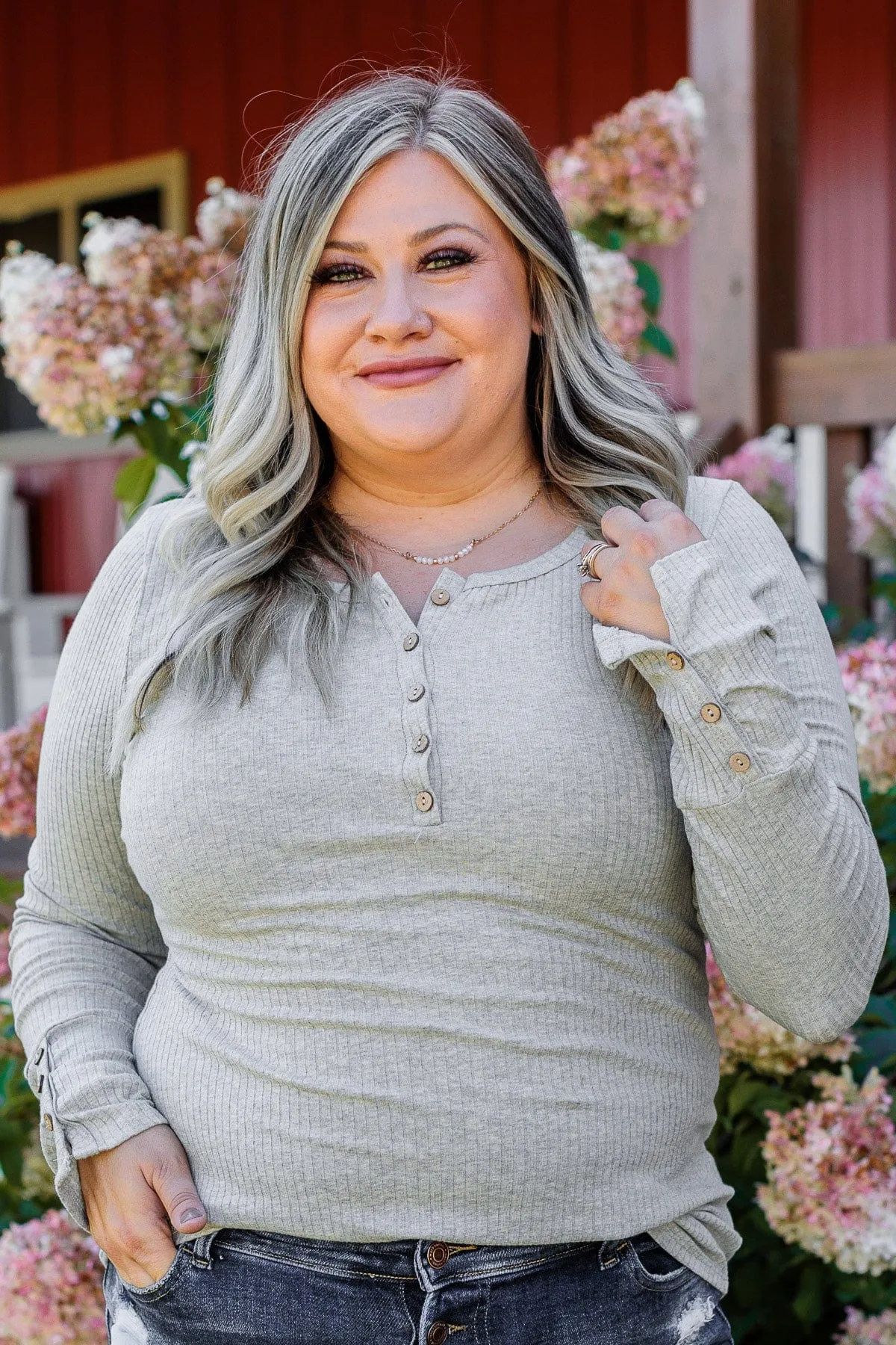 Give Your Best Long Sleeve Henley Top- Heather Grey