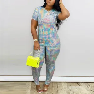 Glitter Solid Short Sleeve Top & Stacket Pants Set
