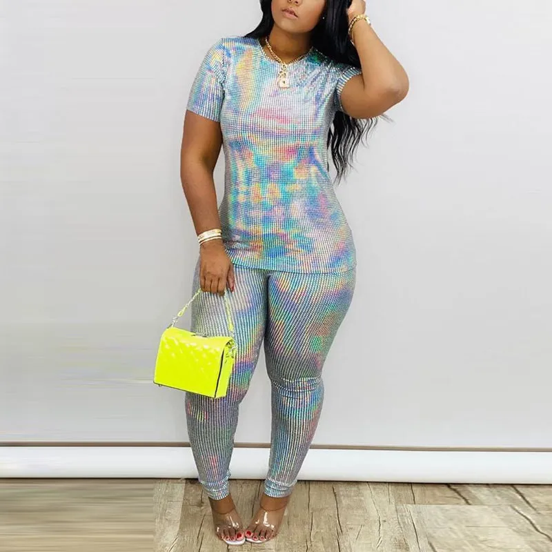 Glitter Solid Short Sleeve Top & Stacket Pants Set