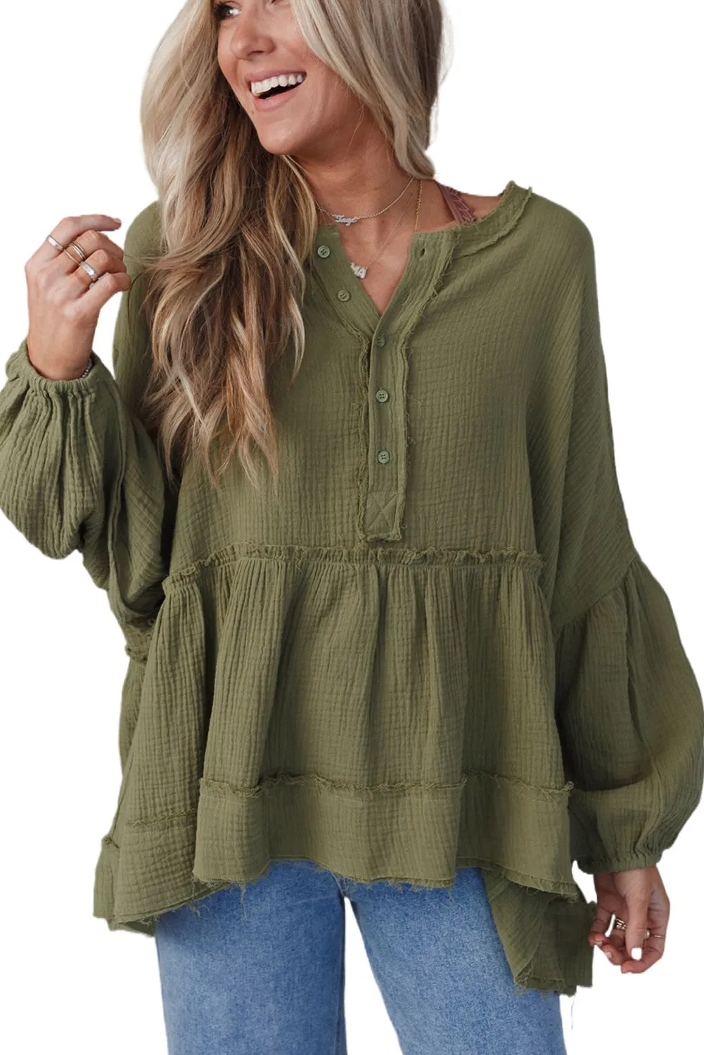 Green Henley Button Drop Shoulder Loose Sleeve Raw Edge Top