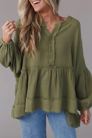 Green Henley Button Drop Shoulder Loose Sleeve Raw Edge Top