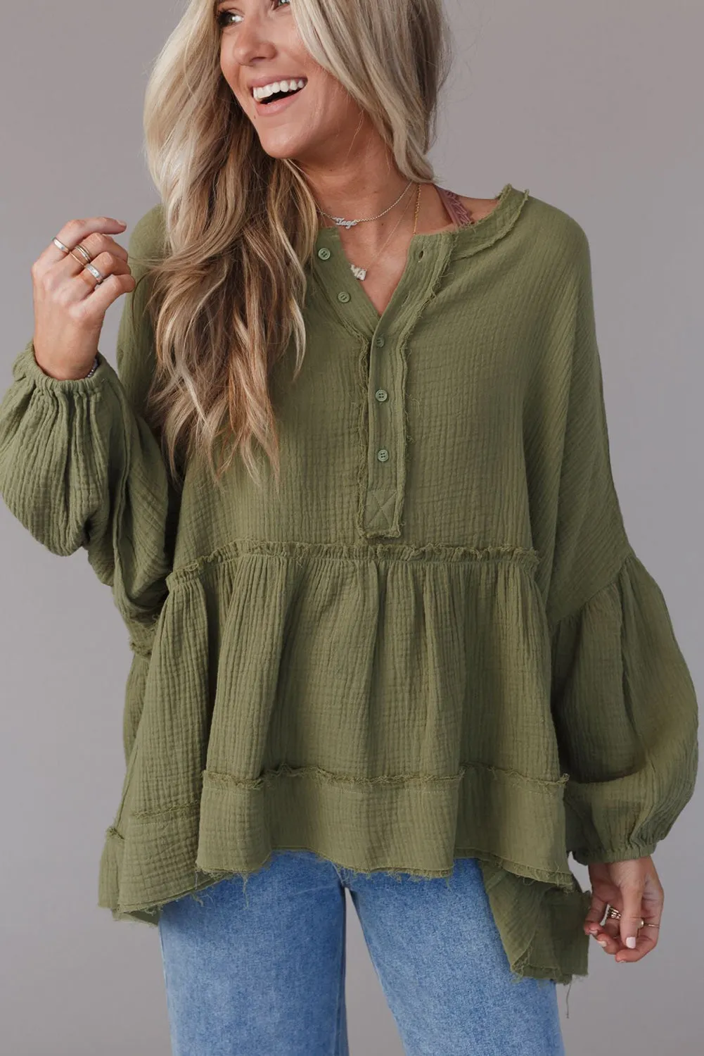 Green Henley Button Drop Shoulder Loose Sleeve Raw Edge Top
