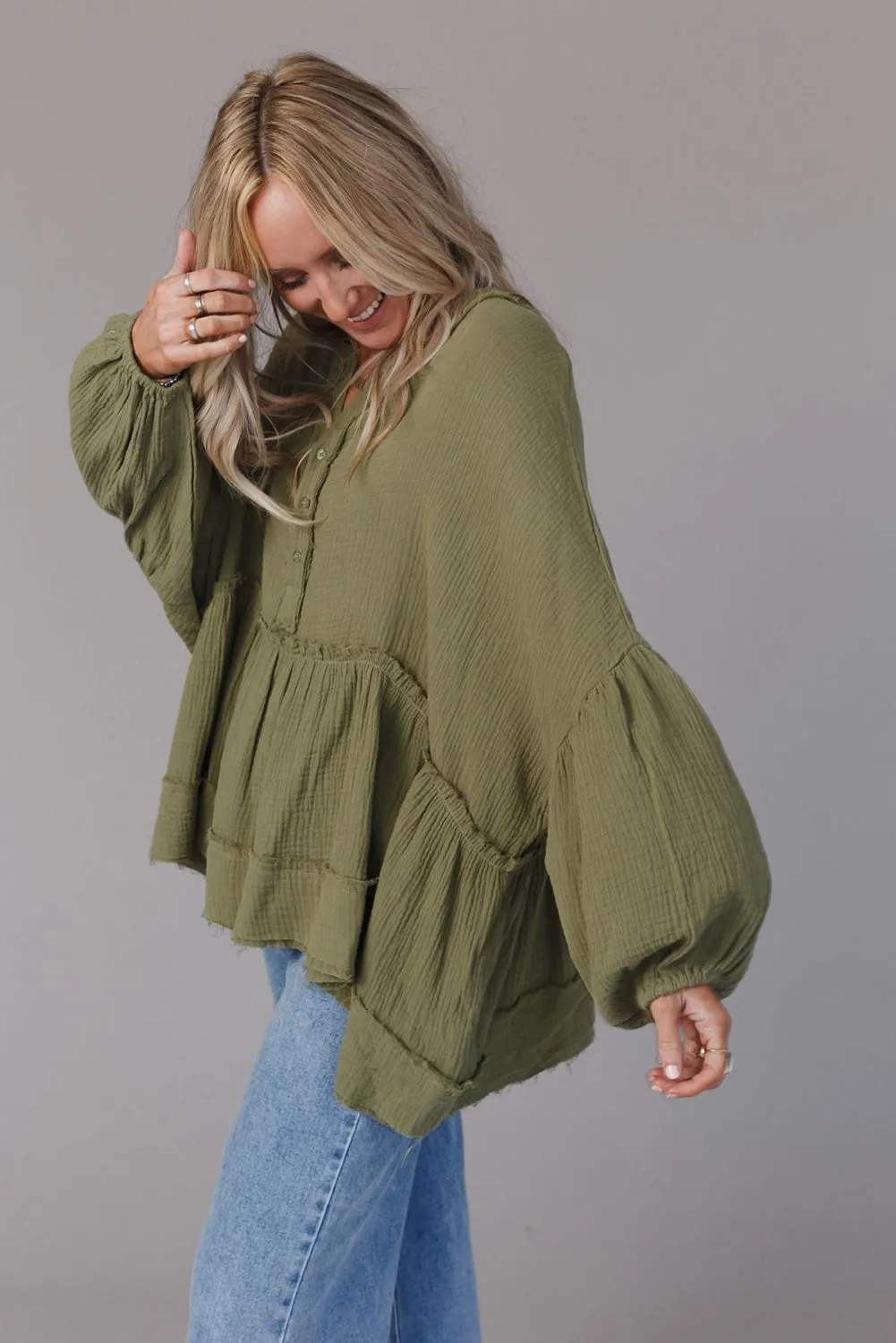 Green Henley Button Drop Shoulder Loose Sleeve Raw Edge Top