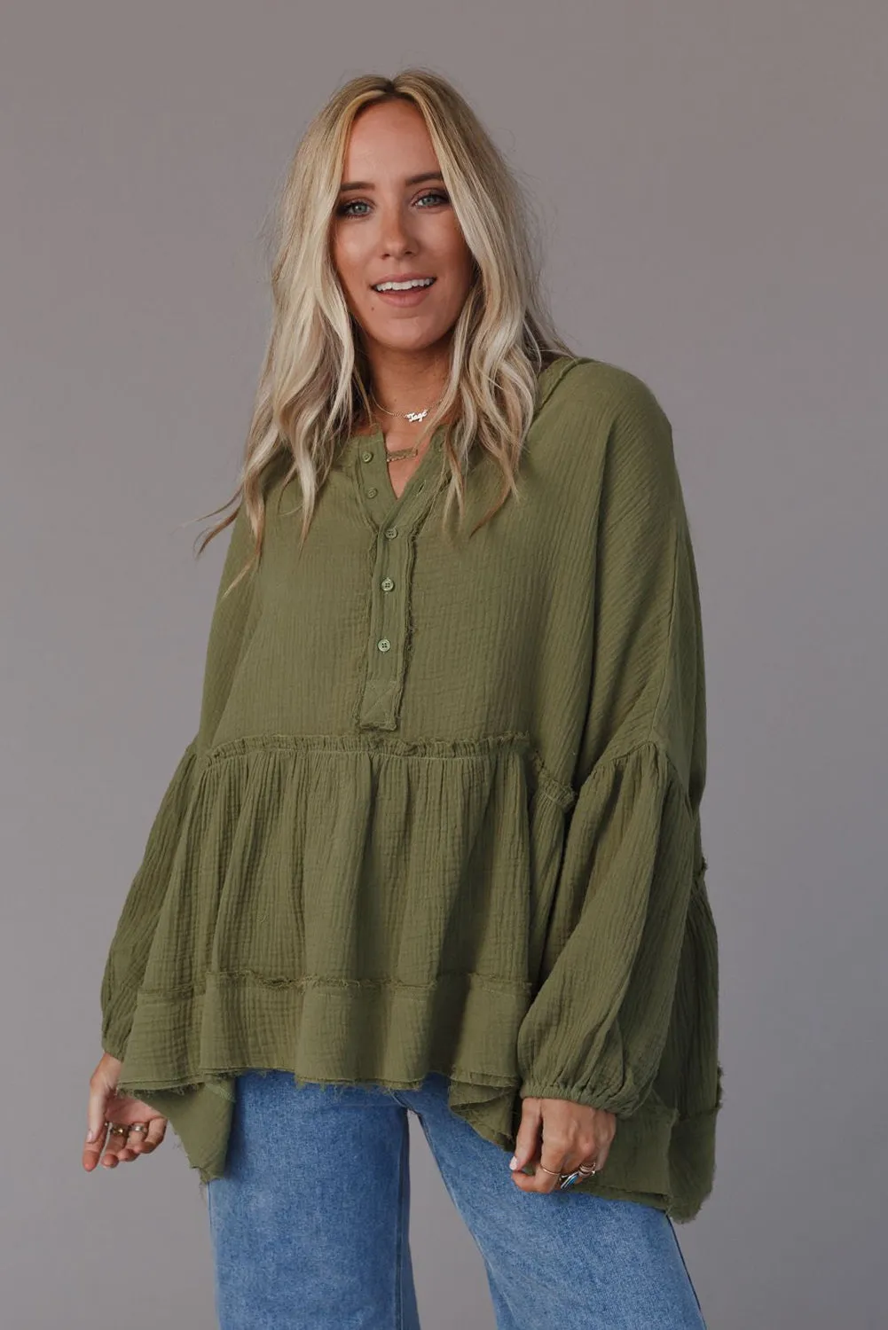 Green Henley Button Drop Shoulder Loose Sleeve Raw Edge Top