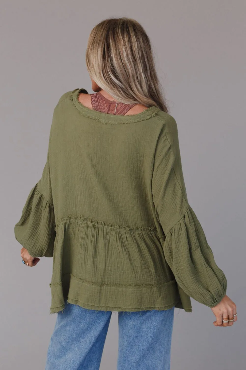 Green Henley Button Drop Shoulder Loose Sleeve Raw Edge Top