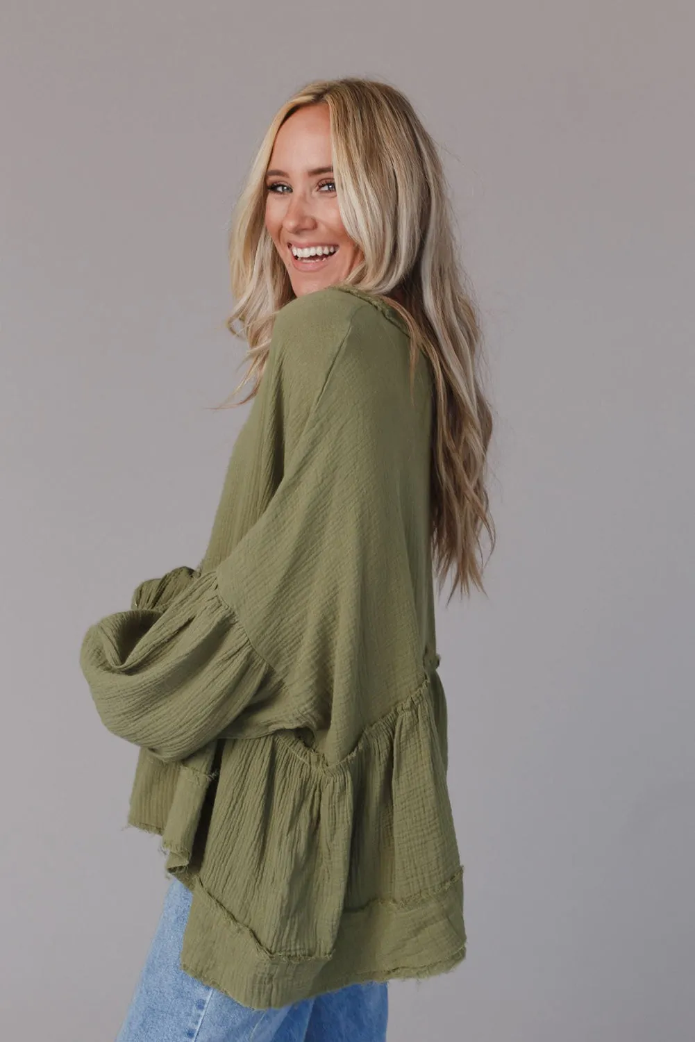 Green Henley Button Drop Shoulder Loose Sleeve Raw Edge Top