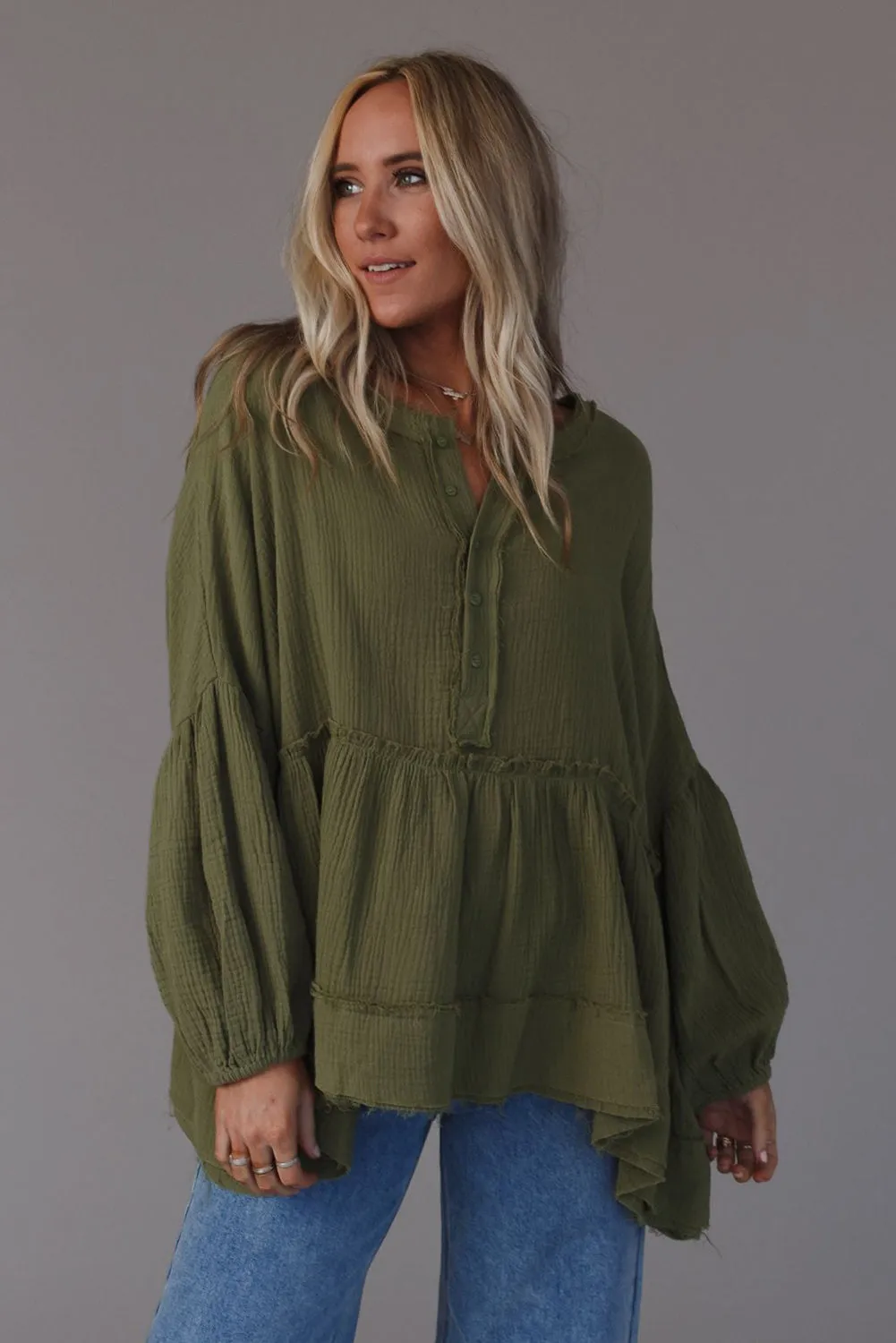 Green Henley Button Drop Shoulder Loose Sleeve Raw Edge Top