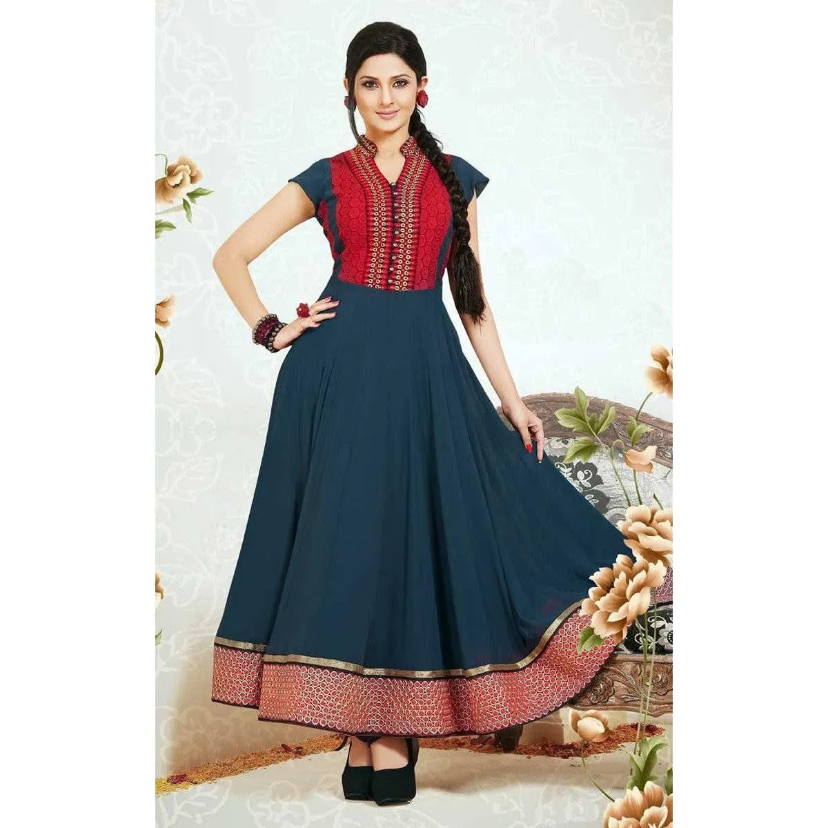 GREY & RED VISCOSE ANARKALI SALWAR KAMEEZ
