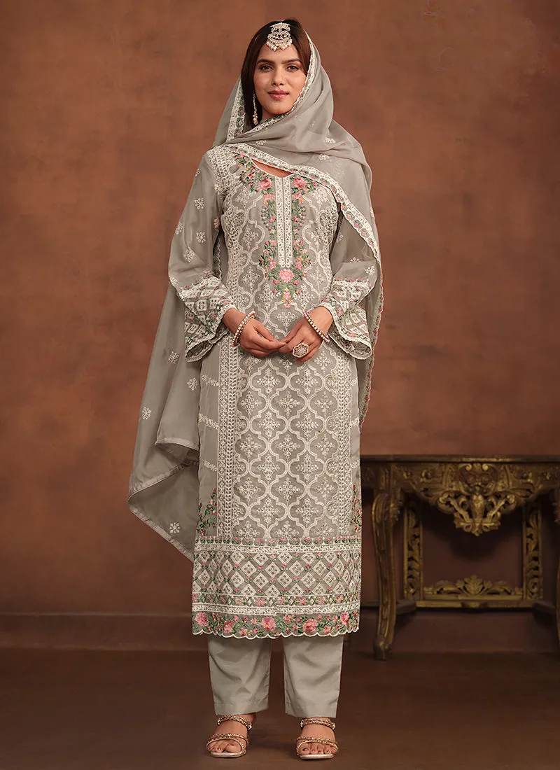 Grey Embroidery Straight Suit