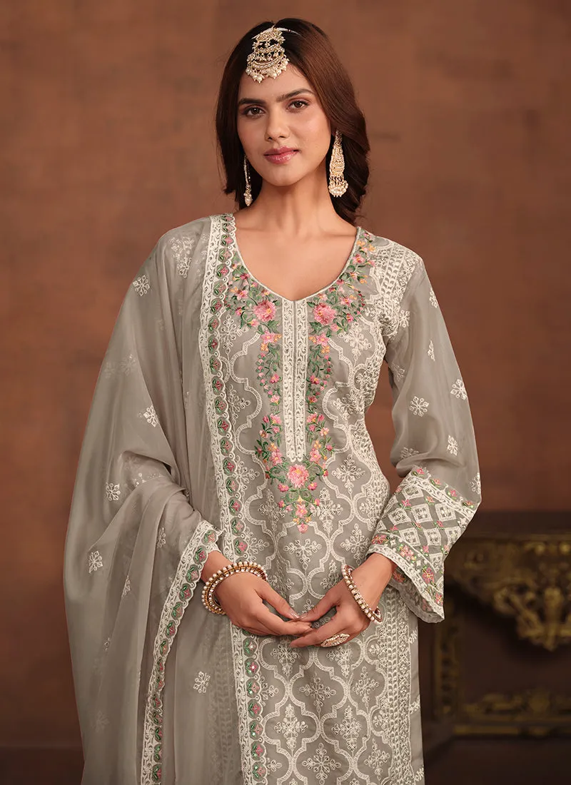 Grey Embroidery Straight Suit