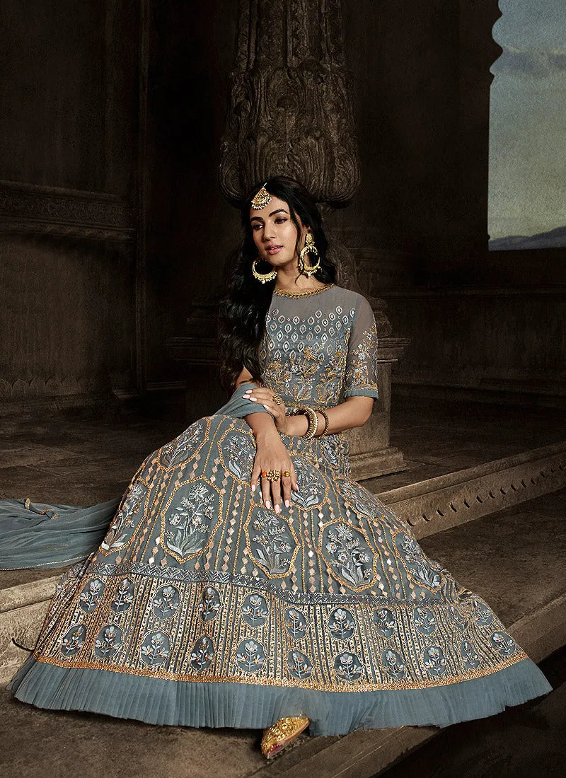 Grey Golden Embroidered Anarkali Suit