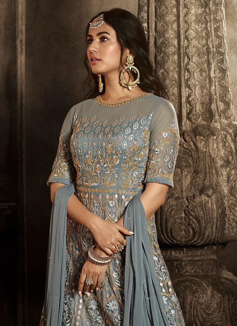 Grey Golden Embroidered Anarkali Suit