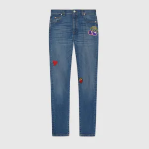 Gucci Denim Skinny Trousers with Patches in Blue Wash