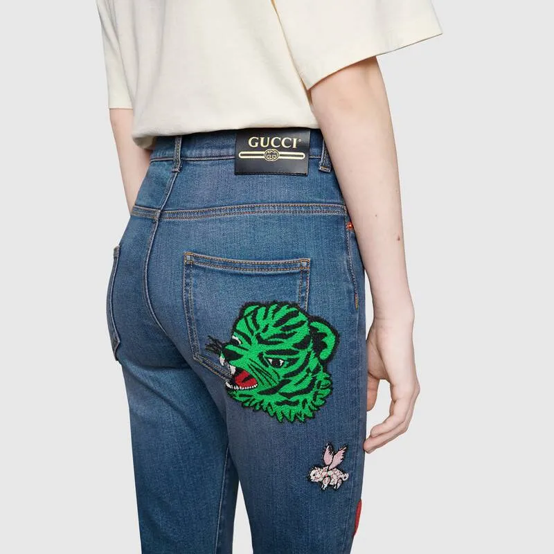 Gucci Denim Skinny Trousers with Patches in Blue Wash