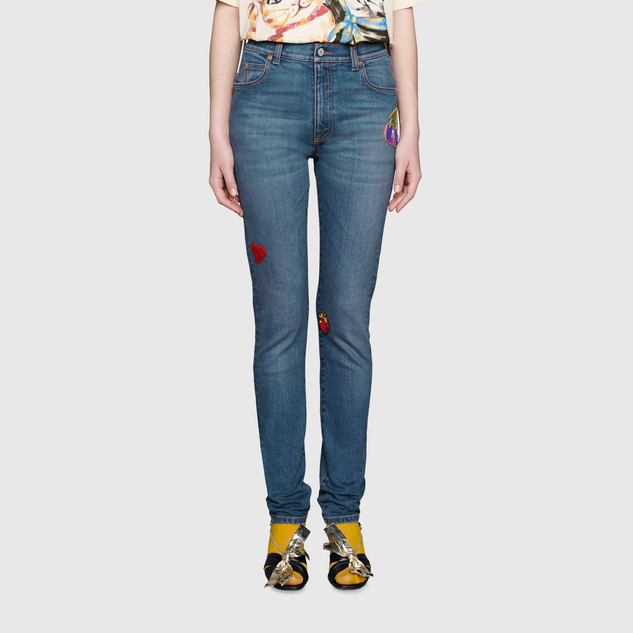 Gucci Denim Skinny Trousers with Patches in Blue Wash