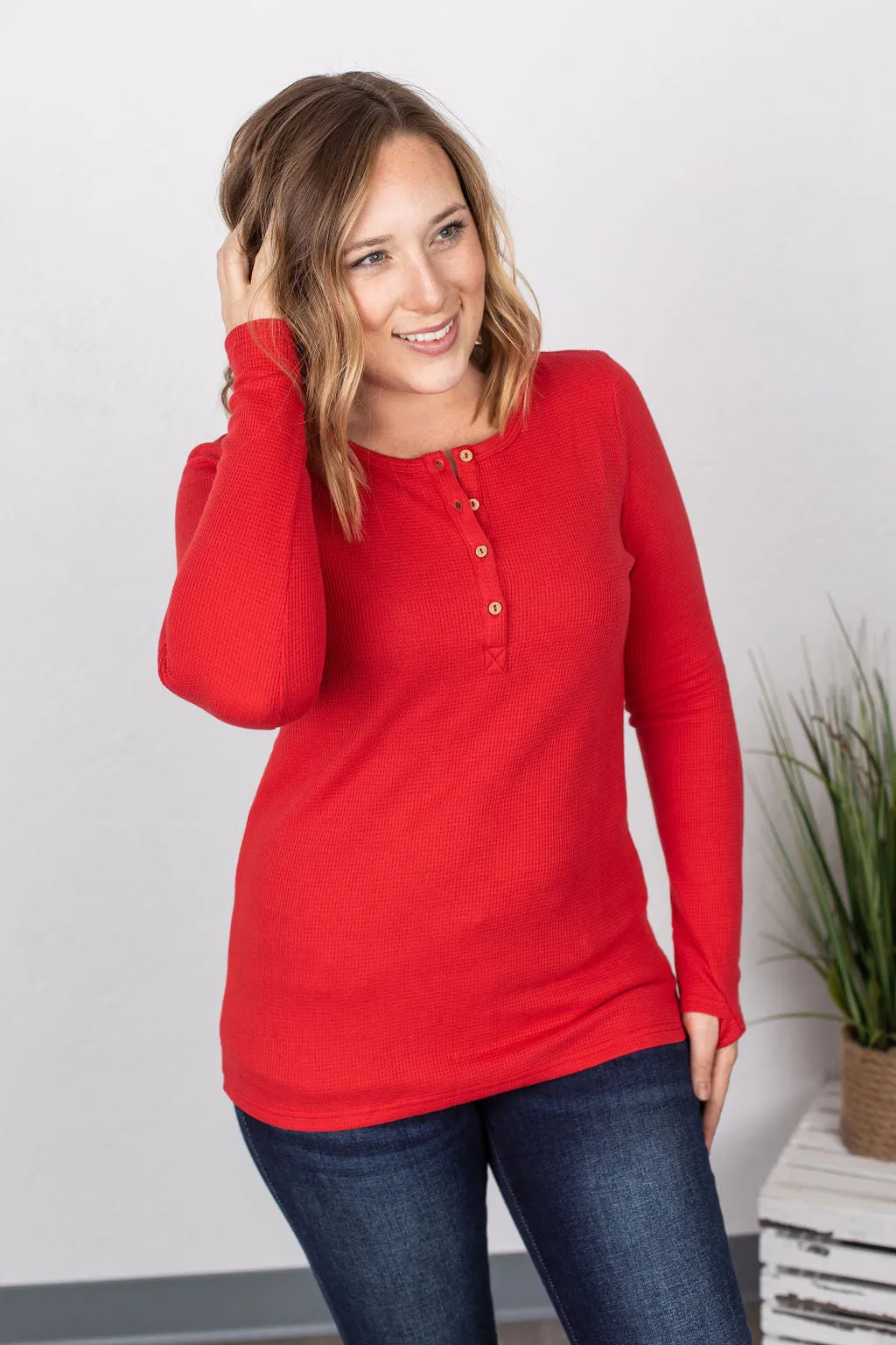 Harper Long Sleeve Henley - Red