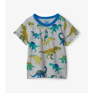 Hatley Colorblock Dino Henley Tee - Athletic Grey Melange