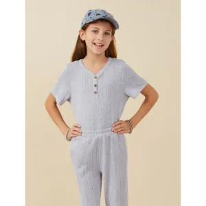 Hayden Girls Rib Knit Marled Henley-Blue