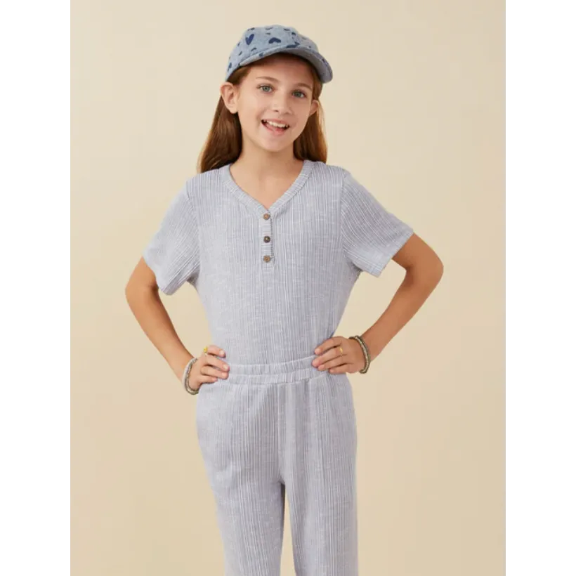Hayden Girls Rib Knit Marled Henley-Blue