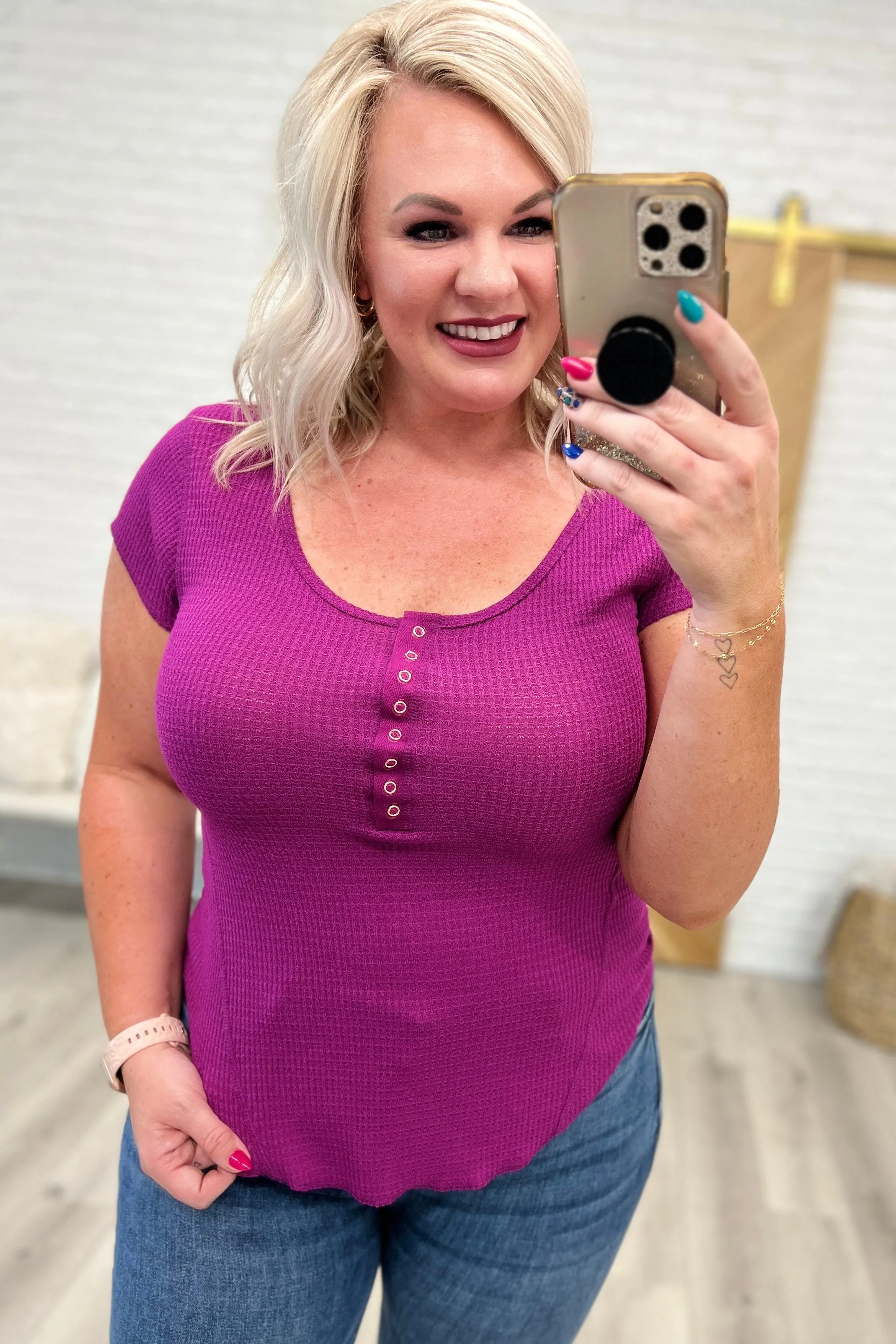 Hazel Blues® |  Baby Waffle Cap Sleeve Henley in Light Plum