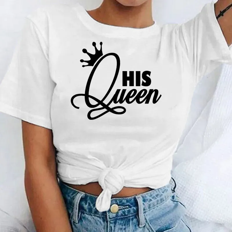 Her King His Queen Couples T Shirt Crown Print Couple Tshirt  Tops Lovers Tee Shirt