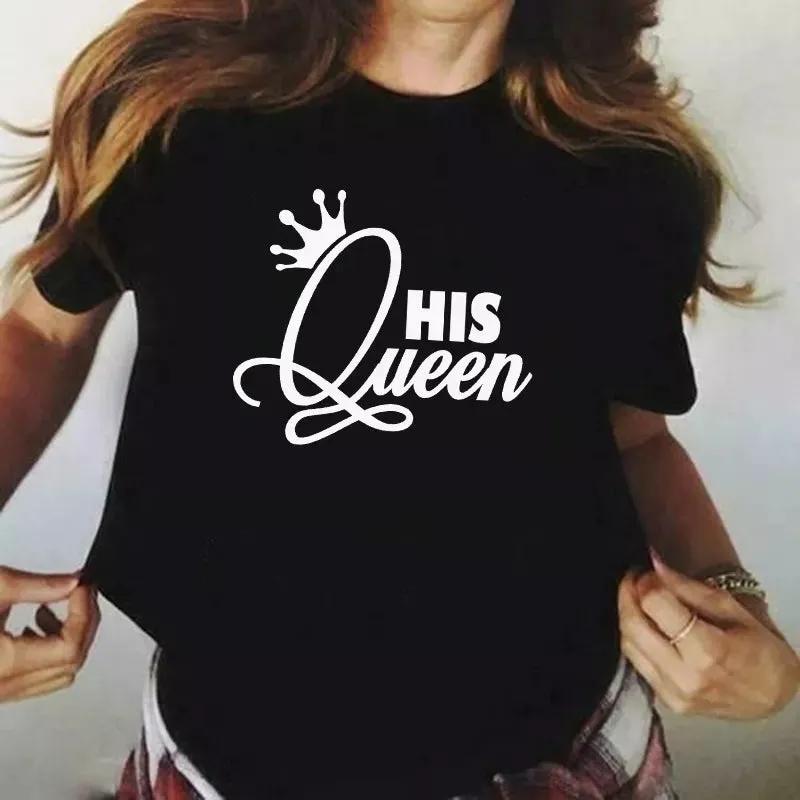 Her King His Queen Couples T Shirt Crown Print Couple Tshirt  Tops Lovers Tee Shirt