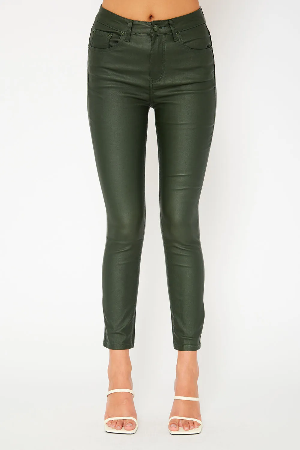 High-rise olive PU leather skinny pants