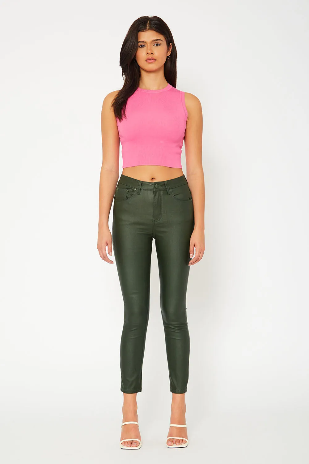 High-rise olive PU leather skinny pants