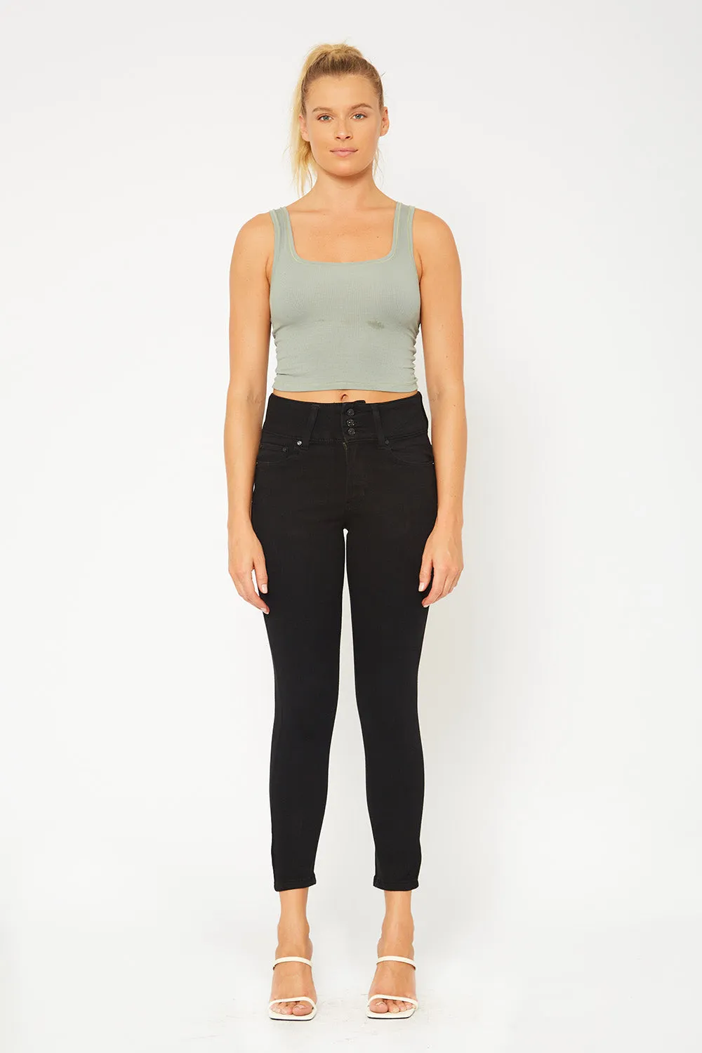 High-rise three button black skinny pants