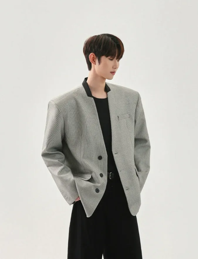 Houndstooth Collarless Shoulder Pad Blazer