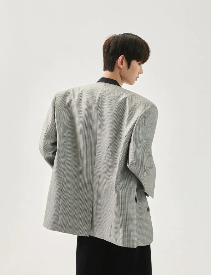 Houndstooth Collarless Shoulder Pad Blazer