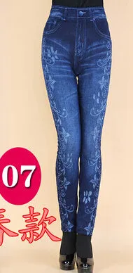 Imitation cowboy Leggings Women High waist jeans 2016 Latest Big yards Printing Thin High elastic Jeans Little feet pants  BN692
