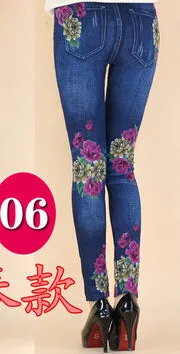 Imitation cowboy Leggings Women High waist jeans 2016 Latest Big yards Printing Thin High elastic Jeans Little feet pants  BN692
