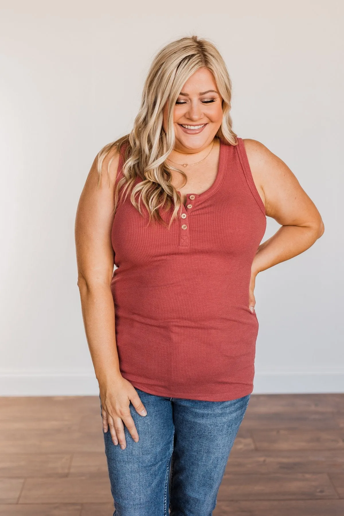 In My Feelings Henley Tank Top- Rust