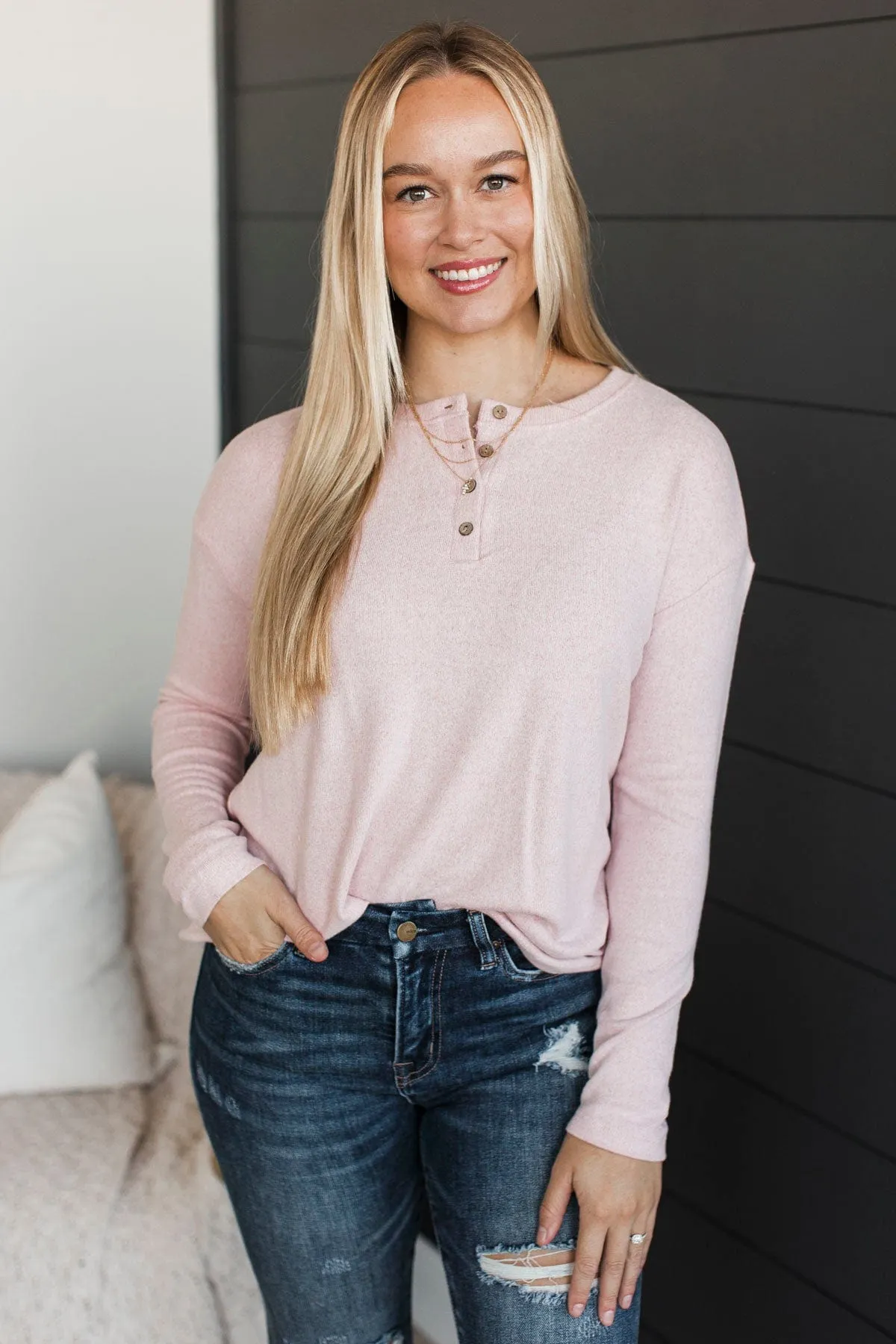 Incredible Timing Long Sleeve Henley Top- Blush