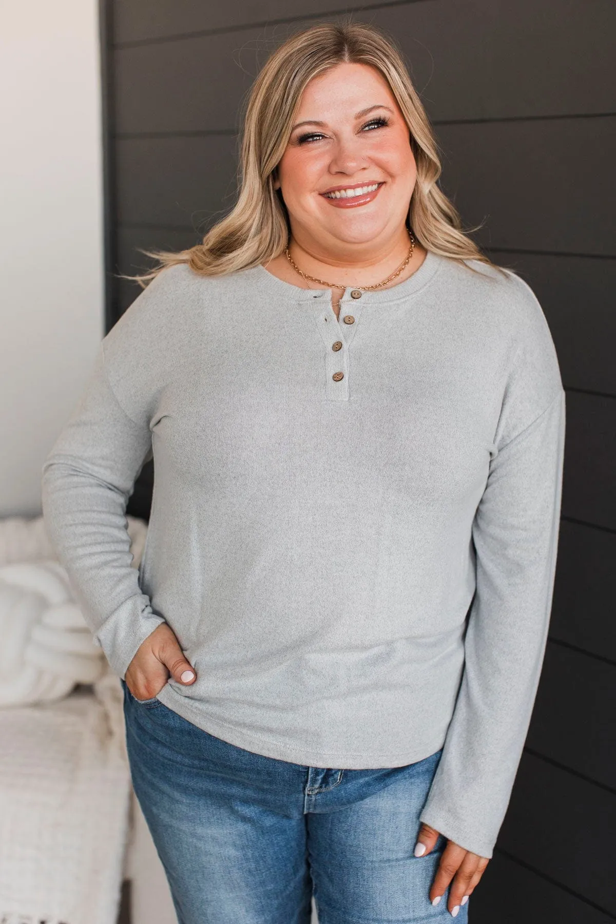 Incredible Timing Long Sleeve Henley Top- Heather Grey