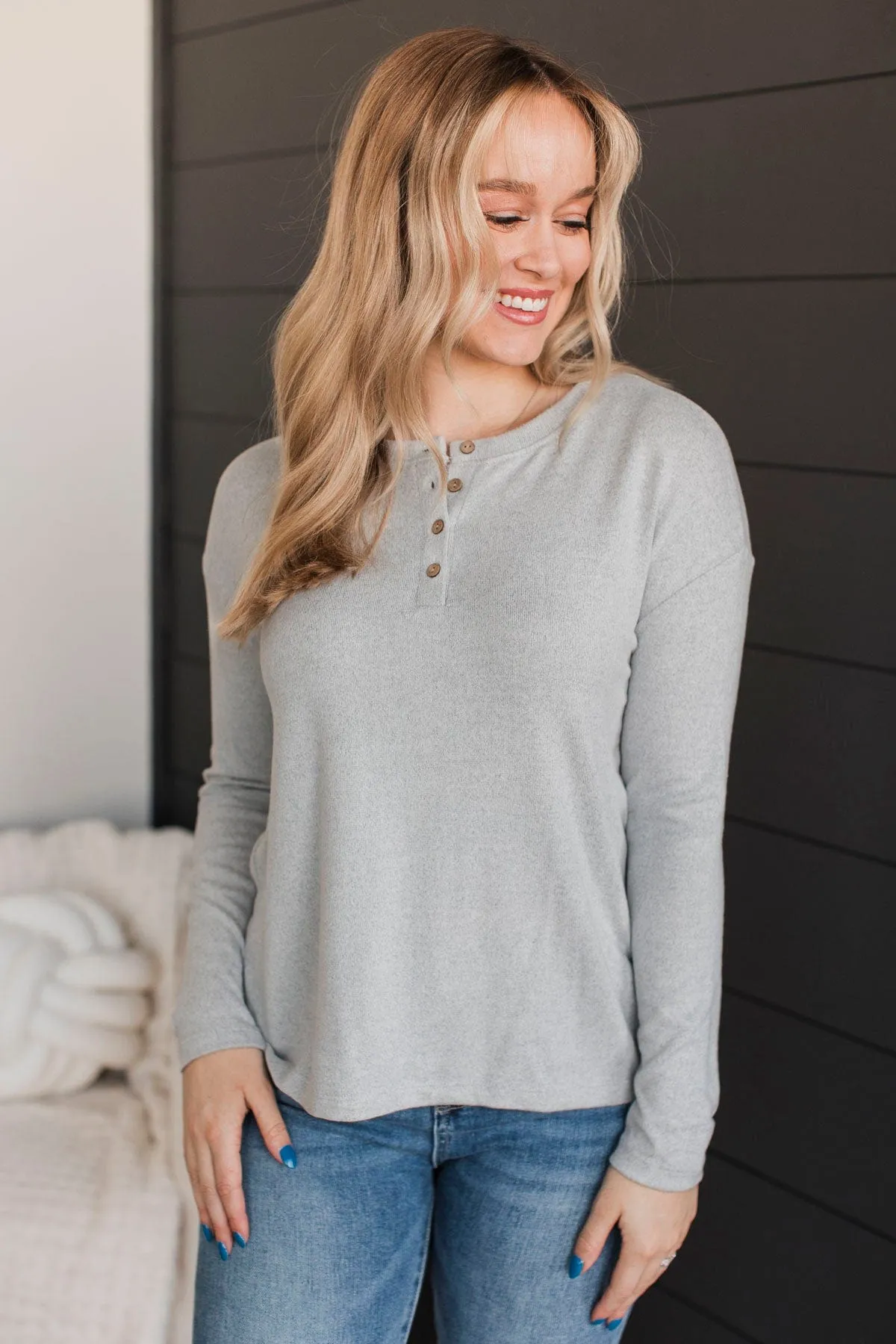 Incredible Timing Long Sleeve Henley Top- Heather Grey