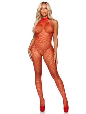 Industrial Net Racer Neck Bodystocking - Red - One Size